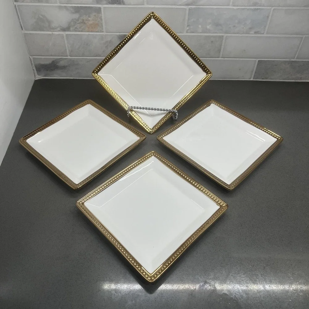 NEW ROSETTA set a four Square tidbit plates white with gold trim